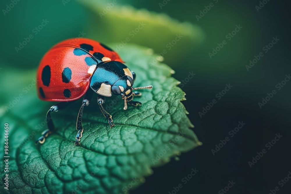 Fototapeta premium The image features a detailed close-up of a bright red ladybug with black spots sitting on a vibrant green leaf, highlighting the intricate details of the insect and foliage.