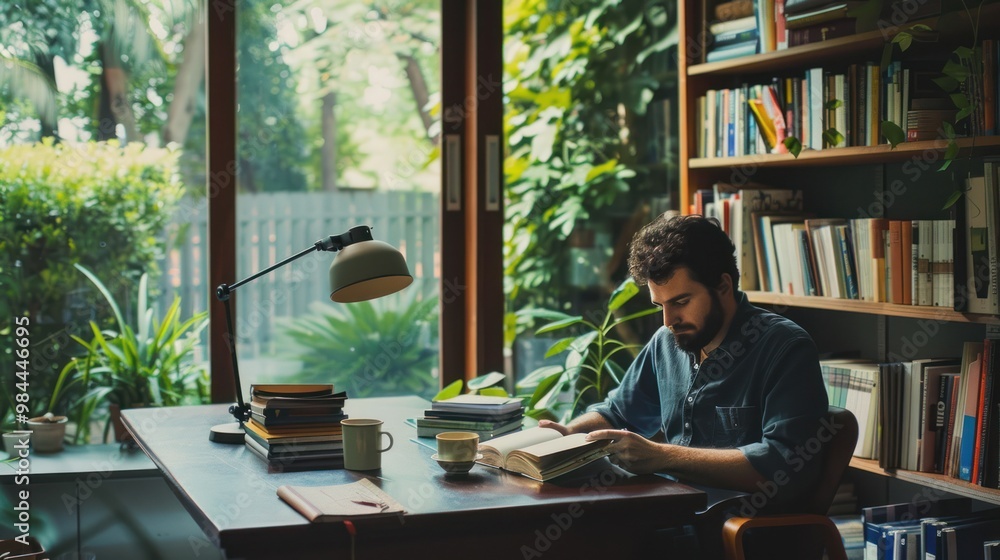 Man Reading in Home Library Man Reading in Home Library