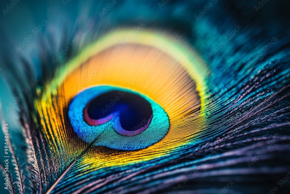 Obraz premium A stunning close-up of a single peacock feather eye, exhibiting rich colors and fine details that highlight the intricate and unique beauty of this avian feature.