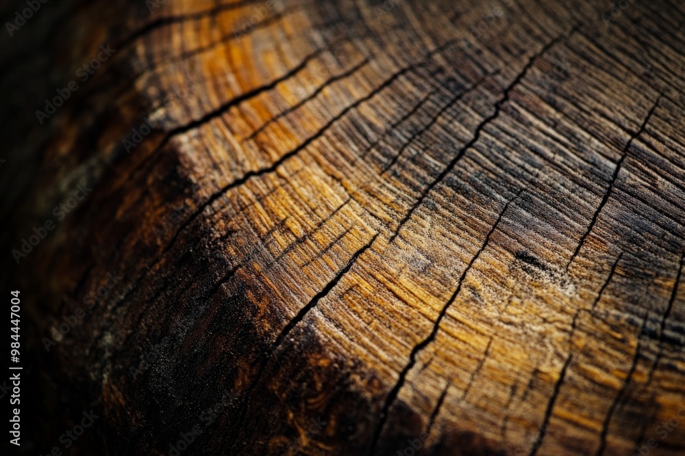 Fototapeta premium A detailed close-up of an aged tree stump showing cracks and visible growth rings, highlighting natural weathering and the passage of time, symbolizing endurance and history.