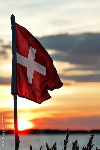 Fototapeta Naklejka Na Ścianę i Meble -  Swiss Flag at Sunset Scenic View
