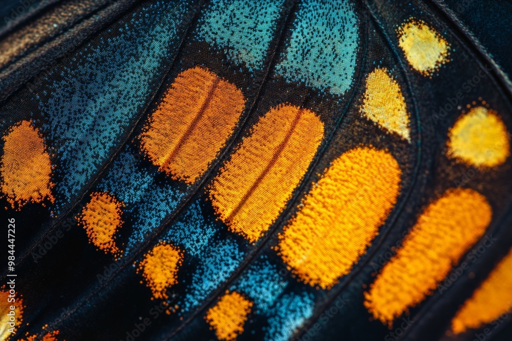 This close-up image captures a butterfly wing's vibrant colors and intricate patterns, showcasing striking blue and orange hues against a black background with exquisite detail. This close-up image captures a butterfly wing's vibrant colors and intricate patterns, showcasing striking blue and orange hues against a black background with exquisite detail.