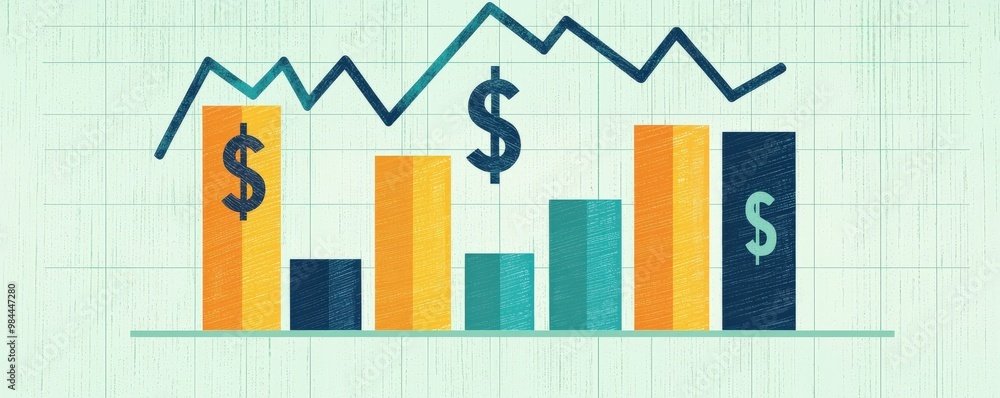 The image illustrates a colorful bar graph with dollar symbols, showcasing financial trends and market data, Business and Market volatility concept. The image illustrates a colorful bar graph with dollar symbols, showcasing financial trends and market data, Business and Market volatility concept.