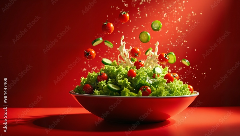 Fresh Salad with Tomatoes and Cucumbers in a Red Bowl on a Red Background advertise photography Fresh Salad with Tomatoes and Cucumbers in a Red Bowl on a Red Background advertise photography