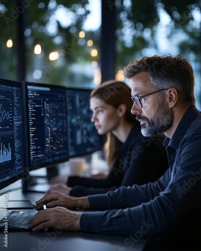 Dedicated Professionals Analyzing Data In Modern Office During Evening Hours