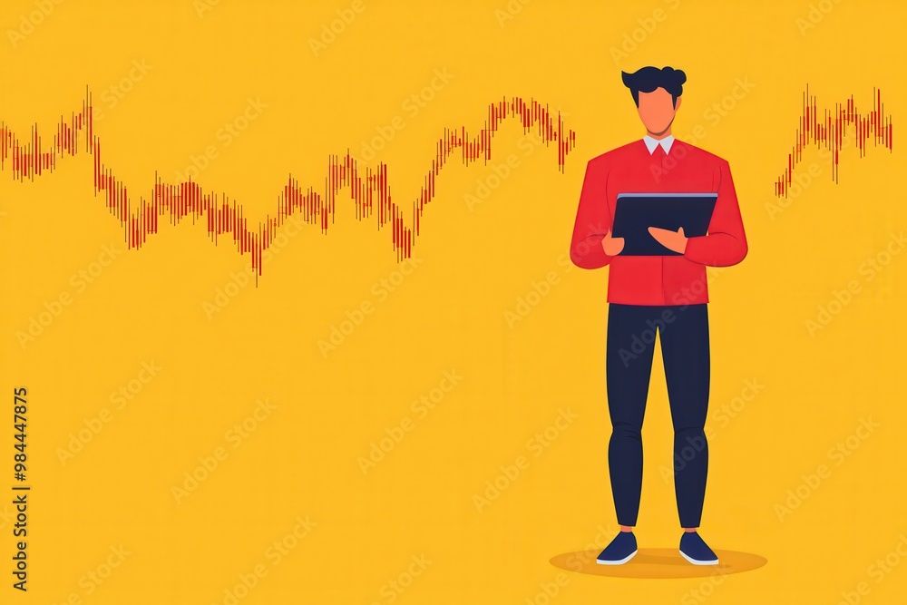 A person stands holding a tablet against a yellow background, with a rising stock market graph illustrated behind them, Business and Market volatility concept. A person stands holding a tablet against a yellow background, with a rising stock market graph illustrated behind them, Business and Market volatility concept.