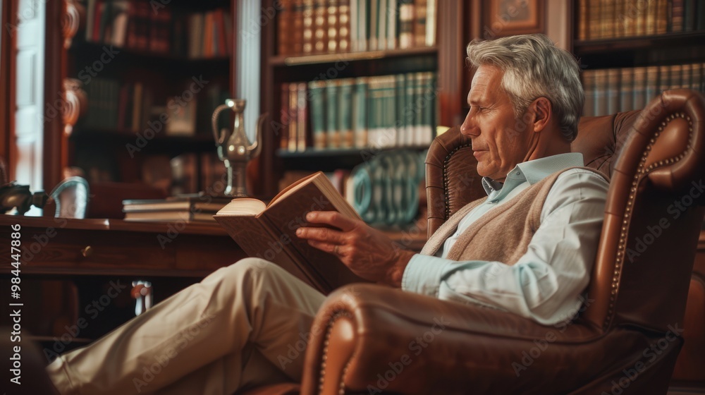 Elderly Man Reading in a Library