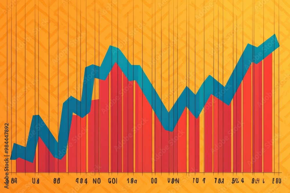 Fototapeta premium A colorful graph featuring red and blue bars and a line chart on an orange background, displaying increasing trends over time, Business and Market volatility concept.