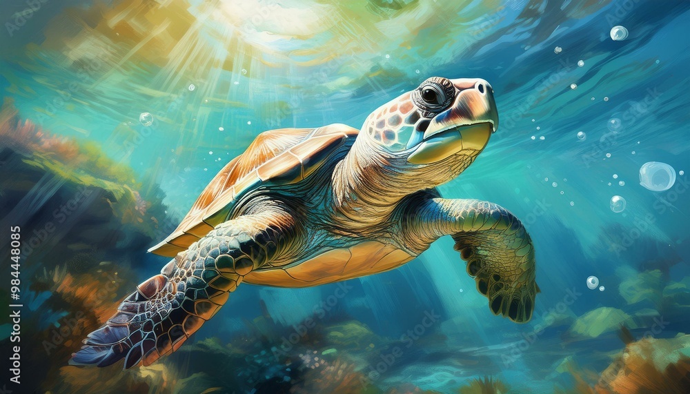 Beautiful illustration of a sea turtle swimming gracefully underwater, illuminated by sunlight, with vibrant coral and ocean scenery. Beautiful illustration of a sea turtle swimming gracefully underwater, illuminated by sunlight, with vibrant coral and ocean scenery.