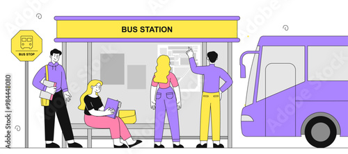People at bus station. Men and women waiting for bus. Tourists with travel and trip. Urban infrastructure and transportation. Linear vector illustration