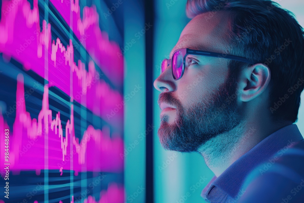 A man observes vibrant financial data on a screen, wearing glasses and displaying a focused expression amidst a high-tech environment, Business and Market volatility concept. A man observes vibrant financial data on a screen, wearing glasses and displaying a focused expression amidst a high-tech environment, Business and Market volatility concept.