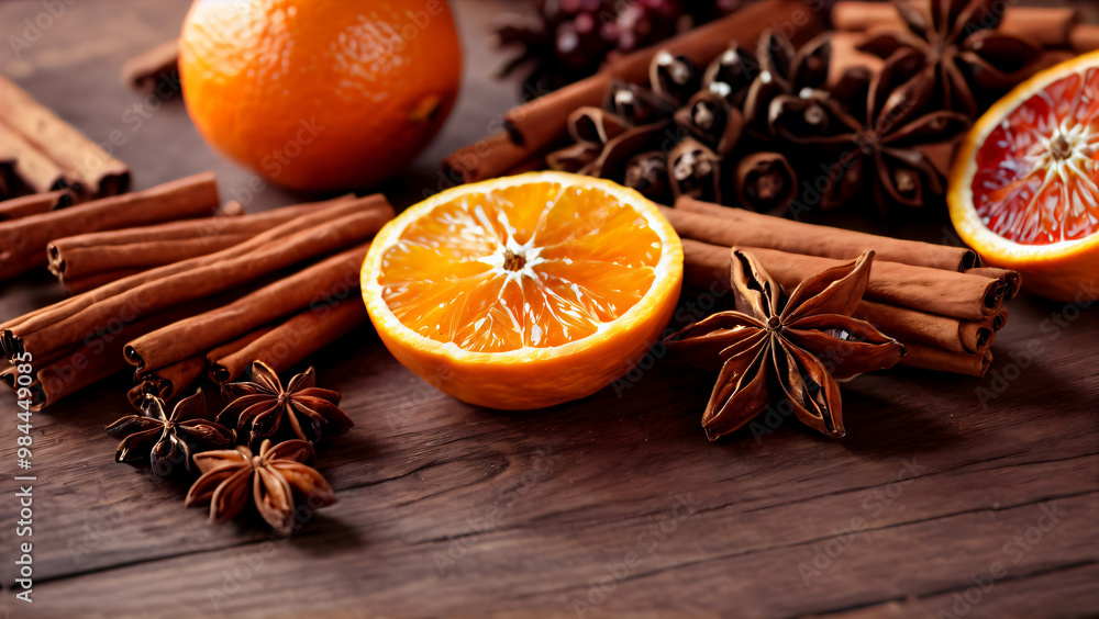 An Aromatic Autumn Culinary Close-up: Juicy Orange Slices with Star Anise, Cinnamon Sticks, and Cloves on a Rustic Wooden Surface, Embracing Warm Brown Tones and Vibrant Citrus Hues An Aromatic Autumn Culinary Close-up: Juicy Orange Slices with Star Anise, Cinnamon Sticks, and Cloves on a Rustic Wooden Surface, Embracing Warm Brown Tones and Vibrant Citrus Hues