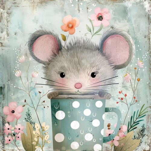 A cute mouse with soft fur nestled in a polka dot cup in cartoon style, with a playful, bright-colored background. A lovely drawing designed for children's projects and cards.