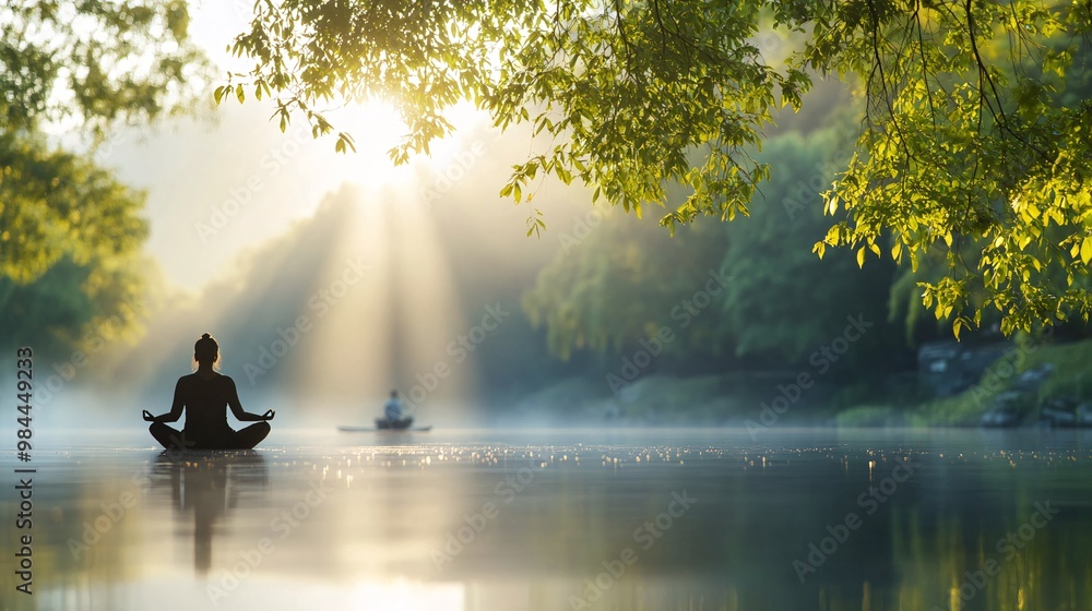 Woman Meditating by Calm Lake at Sunrise Surrounded by Lush Green Forestry Woman Meditating by Calm Lake at Sunrise Surrounded by Lush Green Forestry