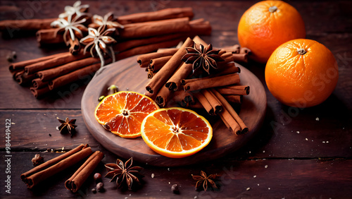 An Aromatic Autumn Culinary Close-up: Juicy Orange Slices with Star Anise, Cinnamon Sticks, and Cloves on a Rustic Wooden Surface, Embracing Warm Brown Tones and Vibrant Citrus Hues