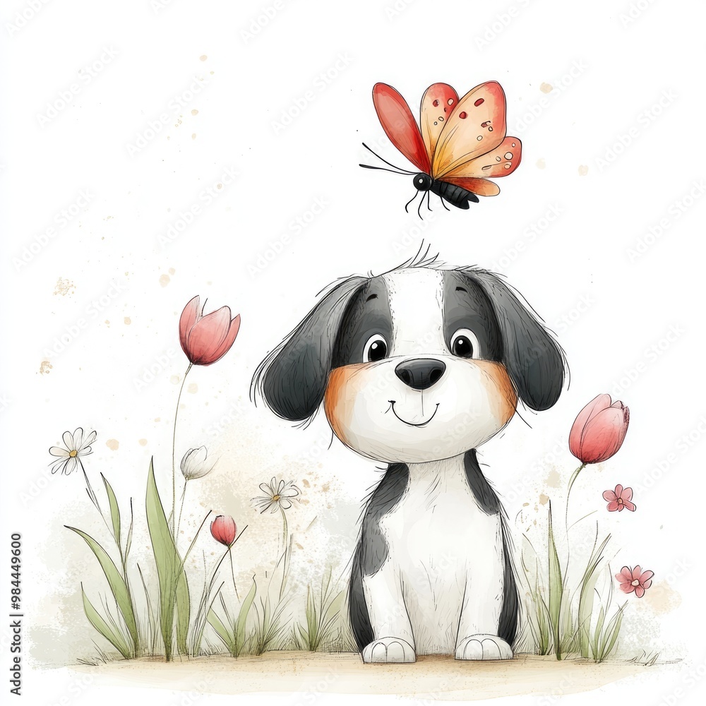 Naklejka premium A cartoon puppy with floppy ears and a wagging tail in a tulip-filled field, chasing a colorful butterfly on a white background. A whimsical sketch ideal for kids' books and greeting cards.