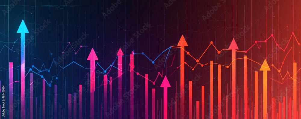 A vibrant graphic depicting upward-trending arrows and data charts, symbolizing growth and positive market changes, Business and Market volatility concept. A vibrant graphic depicting upward-trending arrows and data charts, symbolizing growth and positive market changes, Business and Market volatility concept.