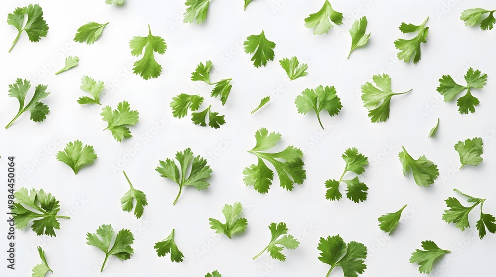 Realistic spread of fresh cilantro leaves on a white background, showcasing their delicate green color. Realistic spread of fresh cilantro leaves on a white background, showcasing their delicate green color.