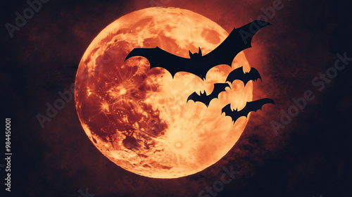 A silhouette of bats flying in front of a giant moon etched with glowing mystical symbols. photo