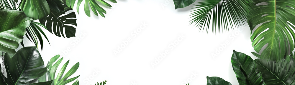 3D rendering of tropical green leaves arranged around a white background. A minimal, nature-inspired design perfect for eco, botanical, or wellness themes. 3D rendering of tropical green leaves arranged around a white background. A minimal, nature-inspired design perfect for eco, botanical, or wellness themes.