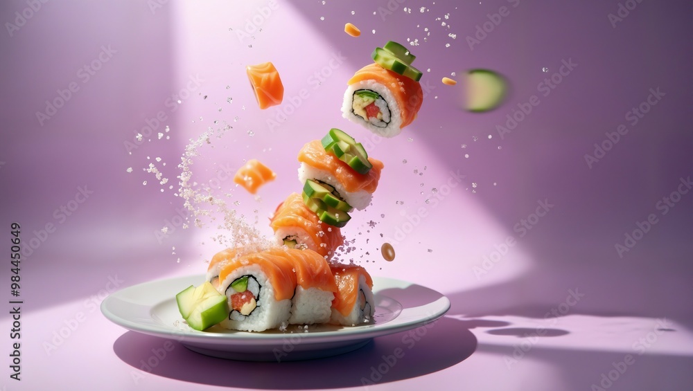 Sushi Rolls with Salmon, Cucumber, and Avocado in mid air, Splashing Sesame Seeds on a Pink advertise photography Sushi Rolls with Salmon, Cucumber, and Avocado in mid air, Splashing Sesame Seeds on a Pink advertise photography