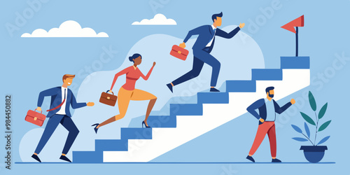 Man and women running towards staircase of success Vector Illustration (Editable)