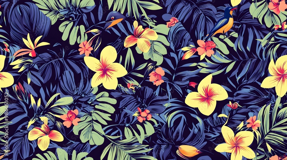 Organic forms in a seamless pattern showcasing birds and lush greenery from rainforests. Organic forms in a seamless pattern showcasing birds and lush greenery from rainforests.