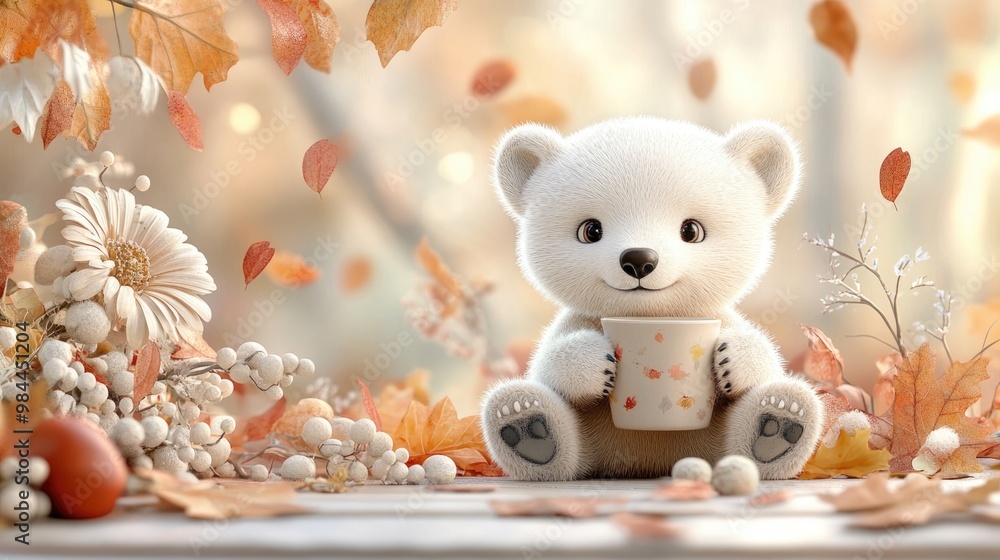 Obraz premium Cute polar bear cub sitting in a vibrant autumn forest, surrounded by colorful leaves and flowers in a playful cartoon style.