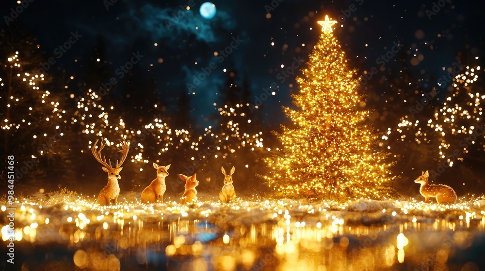A mystical forest scene where woodland animals like deer, foxes, and rabbits gather around a beautifully decorated tree in the clearing, twinkling fairy lights strung from the trees A mystical forest scene where woodland animals like deer, foxes, and rabbits gather around a beautifully decorated tree in the clearing, twinkling fairy lights strung from the trees
