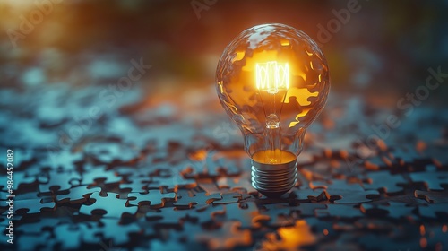 Puzzle pieces fitting together with light bulb in the middle, innovation, clean background. photo