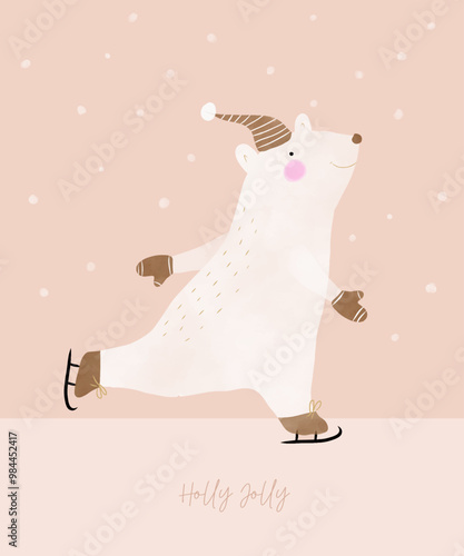 Holly Jolly. Funny Vector Print with Hand Drawn Polar Bear Skating. Cute White Bear on Ice Skates Playing Outside. Happy Teddy Bear on a Blush Pink Background.  Kids' Room Decoration. Winter Time.