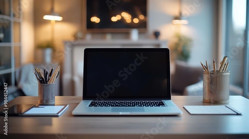 Capture a frontal view of a sleek, modern financial planners desk, with a crisp laptop and elegant stationery in a clean, minimalist style