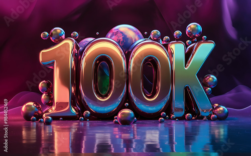 100k subscribe, followers card with vibrant 3D background. social banner happy celebration , blog. likes celebration. Social media poster
