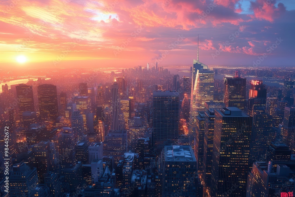 Capture a picturesque panoramic view of a bustling cityscape at sunset, showcasing skyscrapers and lights Immersive, digital artwork Capture a picturesque panoramic view of a bustling cityscape at sunset, showcasing skyscrapers and lights Immersive, digital artwork