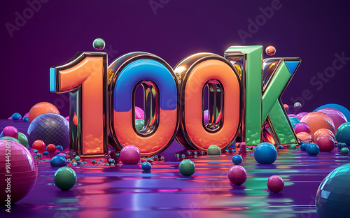 100k subscribe, followers card with vibrant 3D background. social banner happy celebration , blog. likes celebration. Social media poster