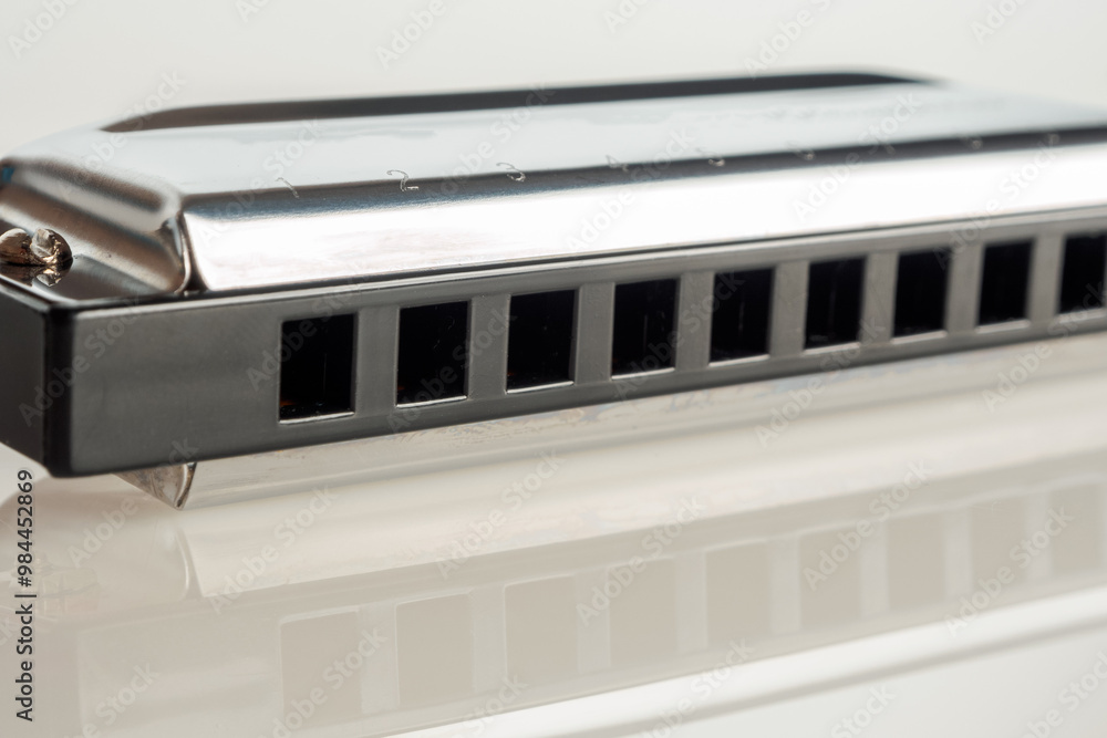 A close-up of the harmonica, highlighting its brilliant details and texture, ready to create the melodies and atmosphere of the music A close-up of the harmonica, highlighting its brilliant details and texture, ready to create the melodies and atmosphere of the music