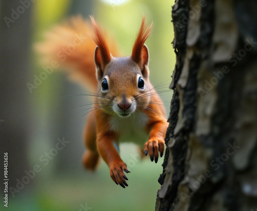 Curious squirrel jumping from tree in the forest