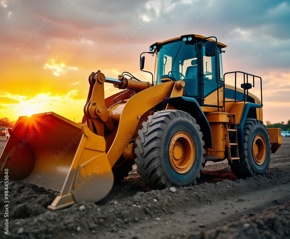 Powerful front end loader standing on construction site at sunset Powerful front end loader standing on construction site at sunset