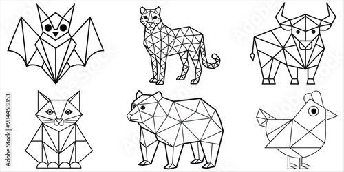 Animals in geometric shapes Bat, Bear, Bull, Cat, Cheetah, Chicken