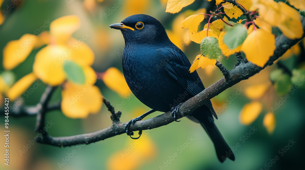 Blackbird perched on a tree branch with yellow leaves in the background Blackbird perched on a tree branch with yellow leaves in the background