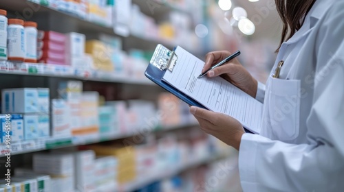 Pharmacist Reviewing Medical Prescriptions and Medications on Drugstore Shelves