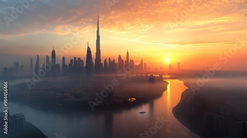 A stunning 3D image of Dubai city at sunrise. The view showcases the amazing skyline of the United Arab Emirates.