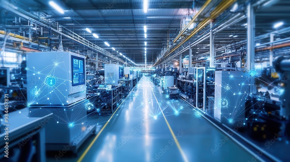 Fototapeta premium Smart factory floor with interconnected robotic systems and real-time analytics screens, predictive maintenance in progress