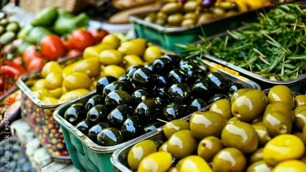 Green and black olives in market. Olives are rich in antioxidants, fiber, vitamin E, iron, and healthy fats, promoting heart health, reducing inflammation, and aiding digestion. Green and black olives in market. Olives are rich in antioxidants, fiber, vitamin E, iron, and healthy fats, promoting heart health, reducing inflammation, and aiding digestion.