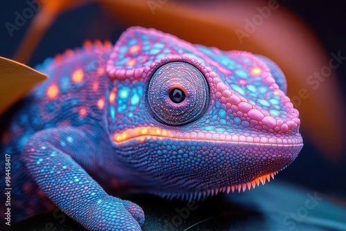 bioluminescent chameleon in neon jungle vibrant colorshifting scales glowing eyes surreal nocturnal creature psychedelic rainforest atmosphere photo