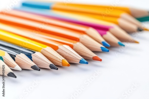 A row of colorful pencils on a white background.