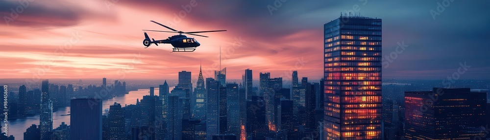 Render a dramatic skyline at dusk, showcasing a skyscraper with glowing windows and a helicopter hovering overhead, symbolizing strength in crisis management Render a dramatic skyline at dusk, showcasing a skyscraper with glowing windows and a helicopter hovering overhead, symbolizing strength in crisis management