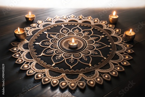Colorful Rangoli Design with Diya