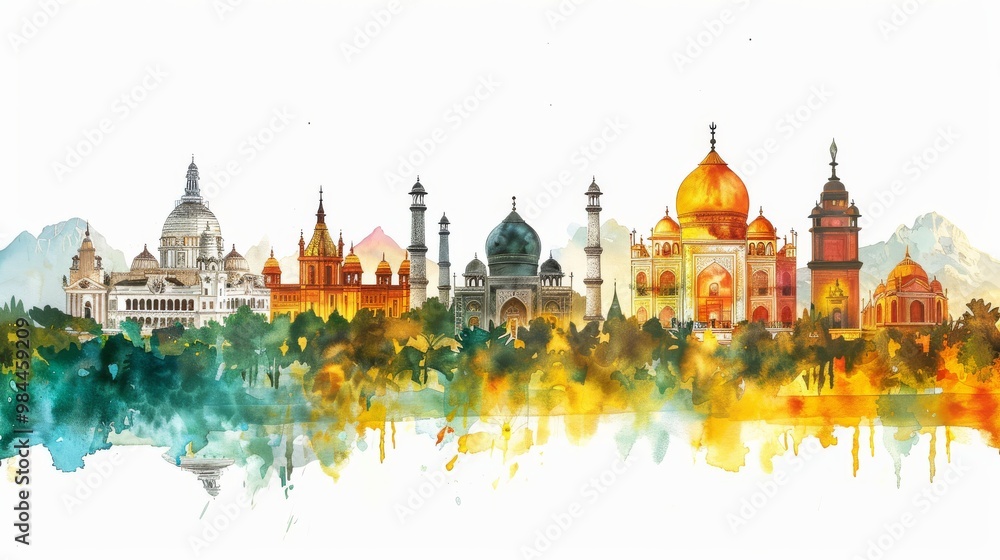Fototapeta premium Watercolor Skyline of Famous Landmarks