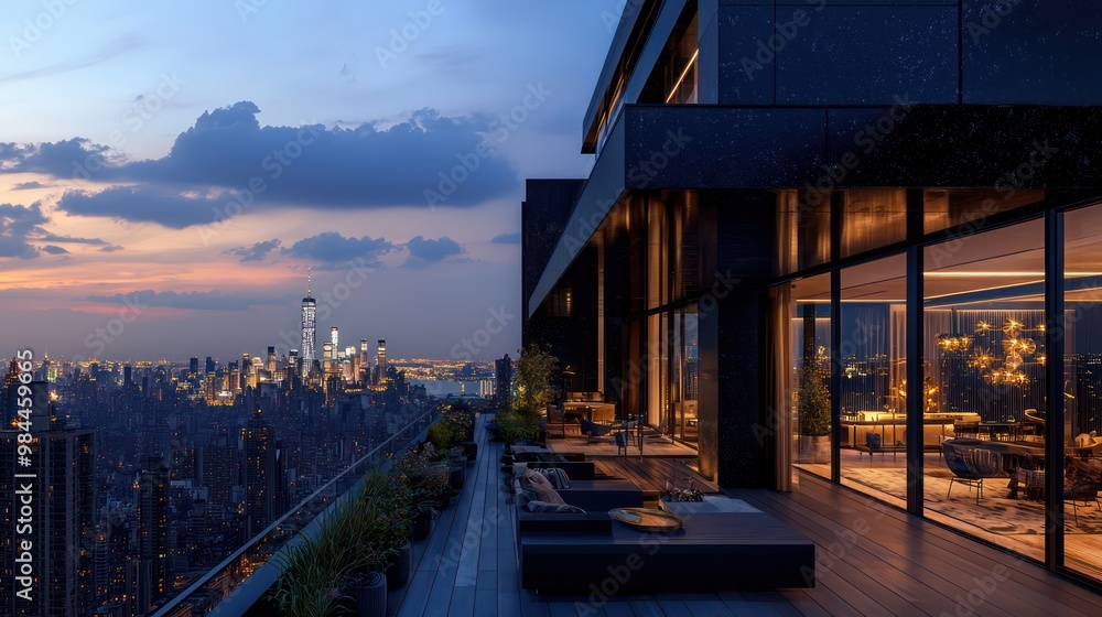 Obraz premium A luxurious penthouse with a dark onyx exterior, featuring expansive terraces and panoramic views of a sparkling city skyline at dusk